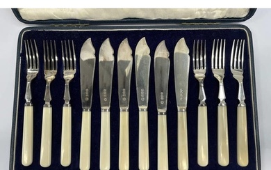 CASED SET 6 SILVER FISH KNIVES & FORKS BY WILLIAM HUTTON & S...