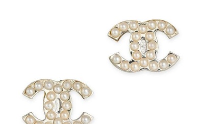 CHANEL, A PAIR OF SIMULATED PEARL CC STUD EARRINGS, each a CC logo set with white simulated pearl...