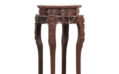 CHINESE CARVED HARDWOOD AND MARBLE PEDESTAL
