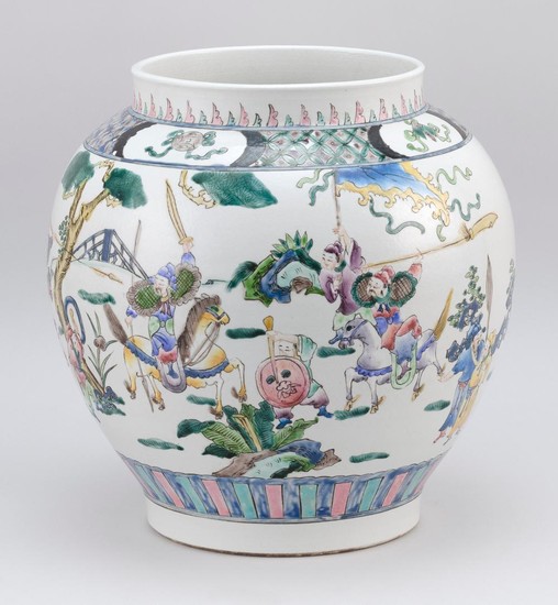 CHINESE FAMILLE ROSE PORCELAIN JARDINIÈRE Ovoid, with enameled decoration of warriors on horseback in a landscape. Six-character Kan...