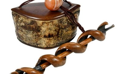 Carved Wood Pipe and Holder with Turtle Shell Snuff Box