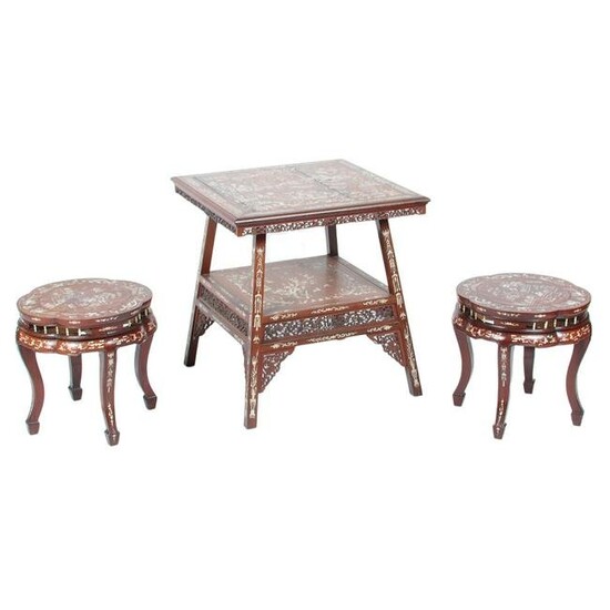 Chinese 3pc. inlaid hardwood furniture, two tier table