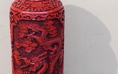 Chinese Cinnabar Vase and Snuff Box, H of taller: 9 in. (22.9 cm.)