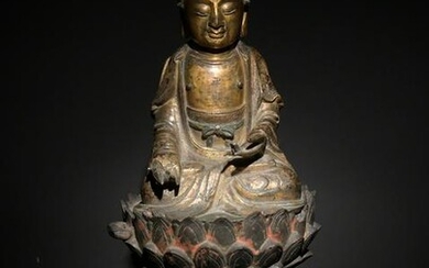 Chinese Gilt Bronze Medicine Buddha with Stand, Ming