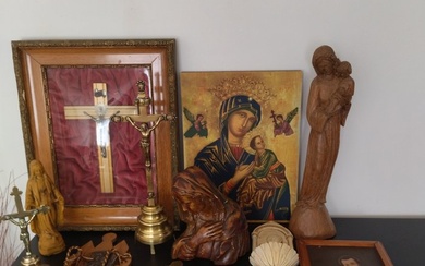Christian objects (12) - Brass, Bronze, Glass, Plaster, Wood - 1800-1850, 1850-1900