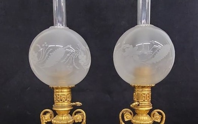 Circa 1850's Gilt Bronze & Soft Green Porcelain Oil Carcel Table Lamps with Period Antique cut &