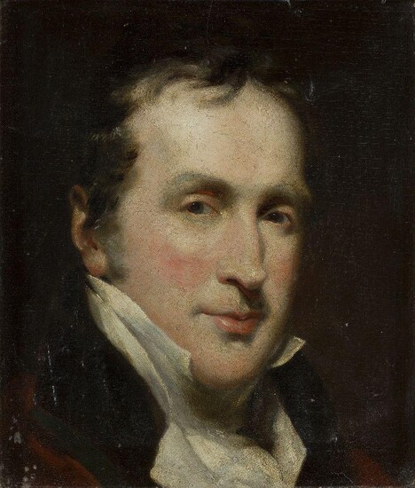 Circle of Sir Thomas Lawrence, PRA, British 1769-1830- Portrait of a gentleman, turned to the right, wearing a write cravat; oil on panel, 35.4 x 30.2 cm. Provenance: Anon. sale, Christie's, London, 9 September 2004, lot 62.; The estate of the late...
