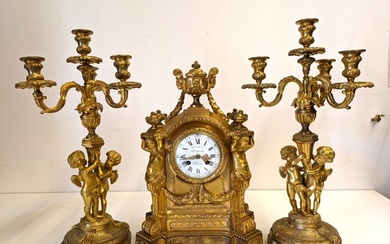 Clock and garniture set (3) - Mon Marquis - Languereau - Gilt bronze - 1850-1900