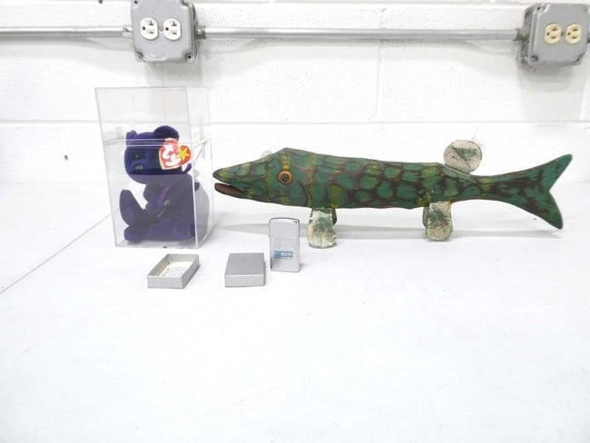 Collectibles incl Fishing Decoy, Purple Beanie Baby Bear with Original Tag, and Cordin Advertising