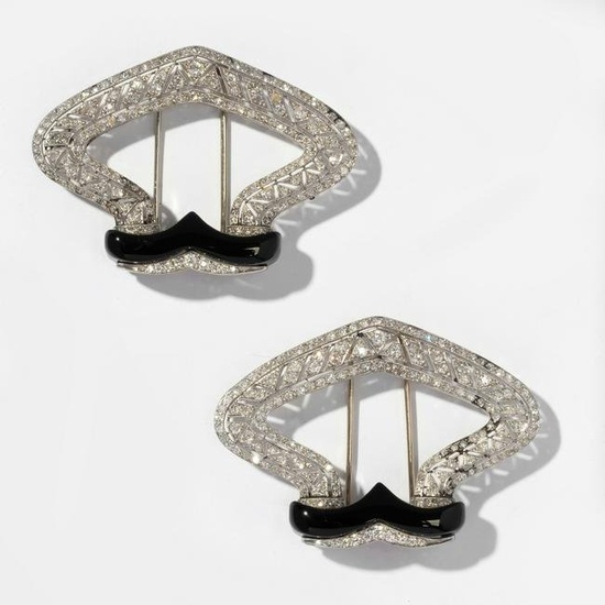 Connie Stevens- Pair Of 14 Karat White Gold And Platinum Art Deco, Diamond and Onyx Brooches