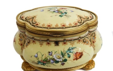 Continental Porcelain Hand Painted Footed Dresser Box with Key, Florals. 19th C.