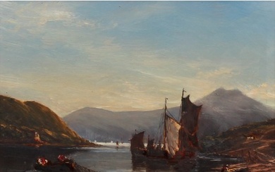 Continental School Fishing Boats on a Lake, oil on board, 14...
