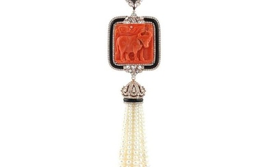 Coral and Fresh Water Pearl Tassel Pendant with Diamonds