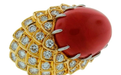 DAVID WEBB Coral Diamond Yellow Gold RING 1980s Signed