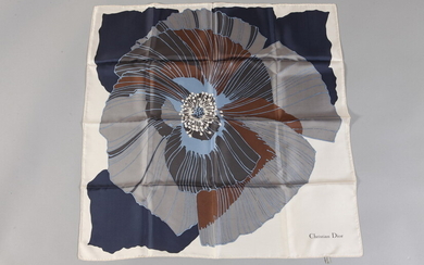 DIOR GREY, BLUE AND BROWN SILK SCARF WITH FLORAL MOTIF....