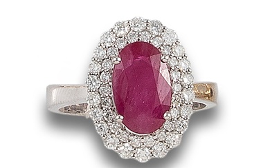 DOUBLE RUBY AND DIAMOND ROSETTE RING IN WHITE GOLD