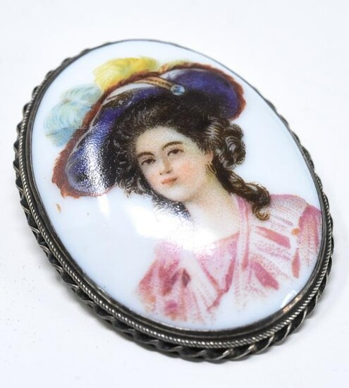 DVS Sterling Hand Painted Porcelain Victorian Pin