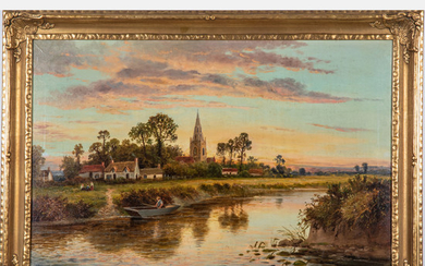 Daniel Sherrin, (English, 1868-1940) - River Scene with Village and Fisherman