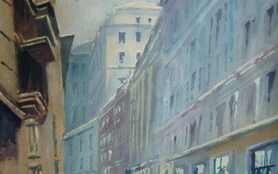 David Mynett, British 1942-2013- City street; watercolour and gouache on paper, signed lower left, 47.5 x 34 cm (ARR)