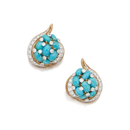 David Webb Pair of Gold, Turquoise and Diamond Earclips