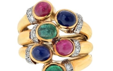David Webb Platinum & 18K Yellow Gold Multigem Sapphire, Ruby, Emerald And Diamond Cocktail Ring