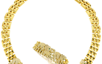 Diamond, Emerald, Gold Jewelry Suite The elephant motif jewelry...