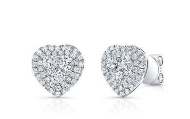Diamond Heart Shaped Double Halo Earrings In 14k White Gold