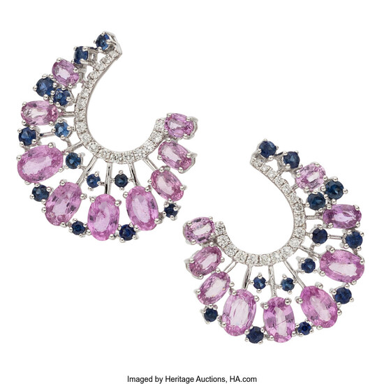 Diamond, Multi-Color Sapphire, White Gold Earrings Stones: Oval-shaped pink...