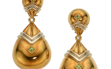 Diamond, Peridot, Gold Earrings The earrings feature square-cut peridot,...
