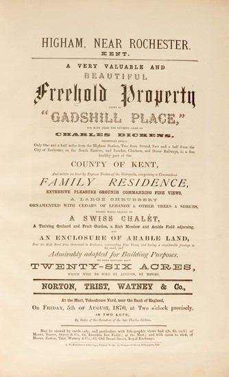 [Dickens], Gadshill Place, near Rochester, Kent, 1870, original auction catalogue, bound in vellum
