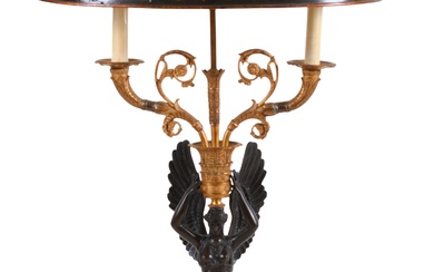 EMPIRE STYLE ORMOLU AND PATINATED BRONZE FIGURAL LAMP, LATE 19TH CENTURY Height: 40 1/2 in. (102.9 cm.)