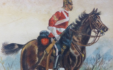 ENGLISH SCHOOL (19TH CENTURY), A MOUNTED OFFICER OF THE 2ND DRAGOONS, WATERCOLOUR, 19 x 20cms