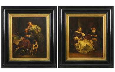 EUROPA - 19° EEUW pendant olieverfschilderij op koper telkens met de voorstelling van een interieur met twee personages en een hond - 28 x 23 ||pendant of two 19th Cent. European oil on copper