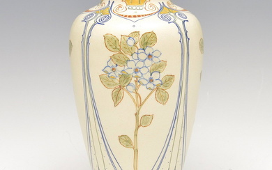 Earthenware vase (model number 31), white frosted glaze with polychrome...
