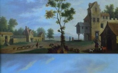 Ecole Flamande "Scènes de campagne animées de personnages" huiles sur panneaux formant pendant, portent un cachet à la cire au dos à décor d'armoiries - 23,5 x 31