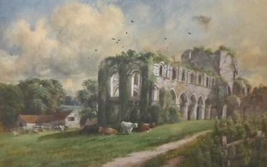 Ecole Française XIXe siècle "Vaches près d'une ruine" Aquarelle, porte une signature en bas à...