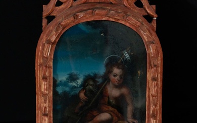 École romaine du 18e siècle, Saint Jean peint sur verre au dos Huile sur verre,...