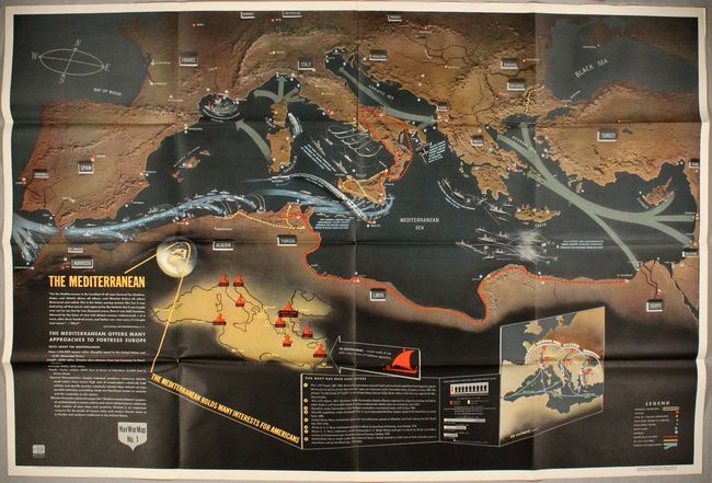 Elaborate, Large-Scale WWII Pictorial Map, "Nav War Map No. 1 - The Mediterranean", U.S. Navy Dept.