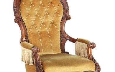 (-), Embossed walnut armchair with padded yellow upholstery...