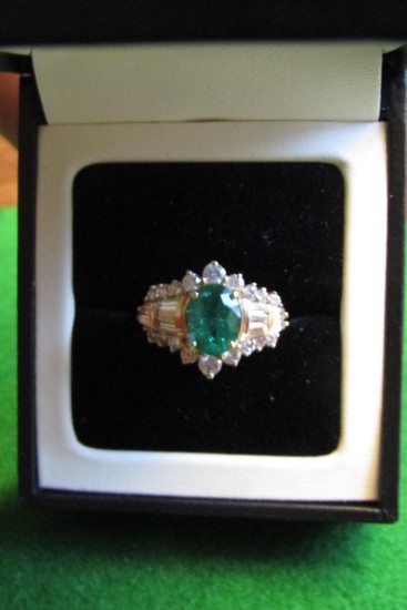 Emerald and Diamond Ring Mounted on 14 Carat Gold