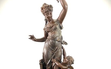 Émile Bruchon (act. ca. 1880-1910) - Large and beautiful double statue "Female figure with bow and Cupid" - 56 cm high - Zinc alloy with bronze-colored patina - Circa 1900 - No Reserve Price