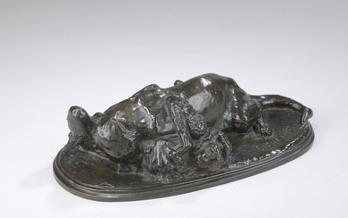 Emmanuel FREMIET (1824-1910) Jaguar dévorant un singe Bronze à patine brune. Signé E. FREMIET sur...