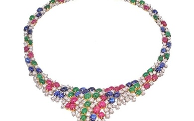 Estate Diamond Cabochon Emeralds Sapphires and Rubies 38 Carat Necklace