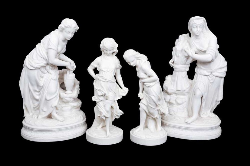 FOUR LATE 19TH / EARLY 20TH CENTURY BISCUIT PORCELAIN FIGURES OF MAIDENS