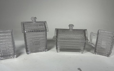 FOUR PIECES RARE "LOG CABIN" GLASS , 9" X 6" X 5" AND SMALLER