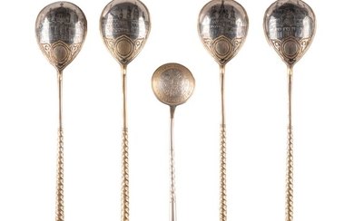 FOUR SILVER-GILT AND NIELLO SPOONS WITH ARCHITECTURAL VIEWS