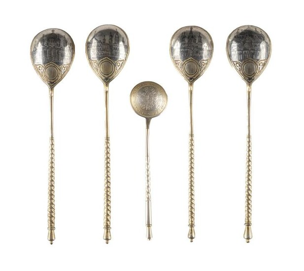 FOUR SILVER-GILT AND NIELLO SPOONS WITH ARCHITECTURAL