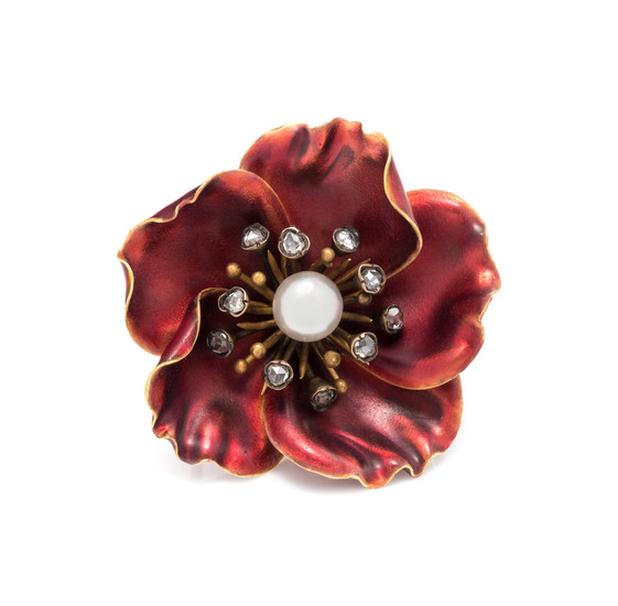 FRENCH, ANTIQUE, PEARL, DIAMOND AND ENAMEL FLOWER BROOCH