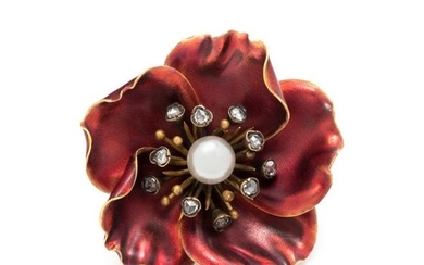 FRENCH, ANTIQUE, PEARL, DIAMOND AND ENAMEL FLOWER