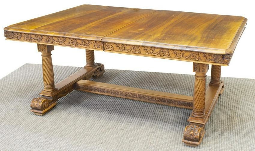 FRENCH CARVED WALNUT EXTENSION DINING TABLE